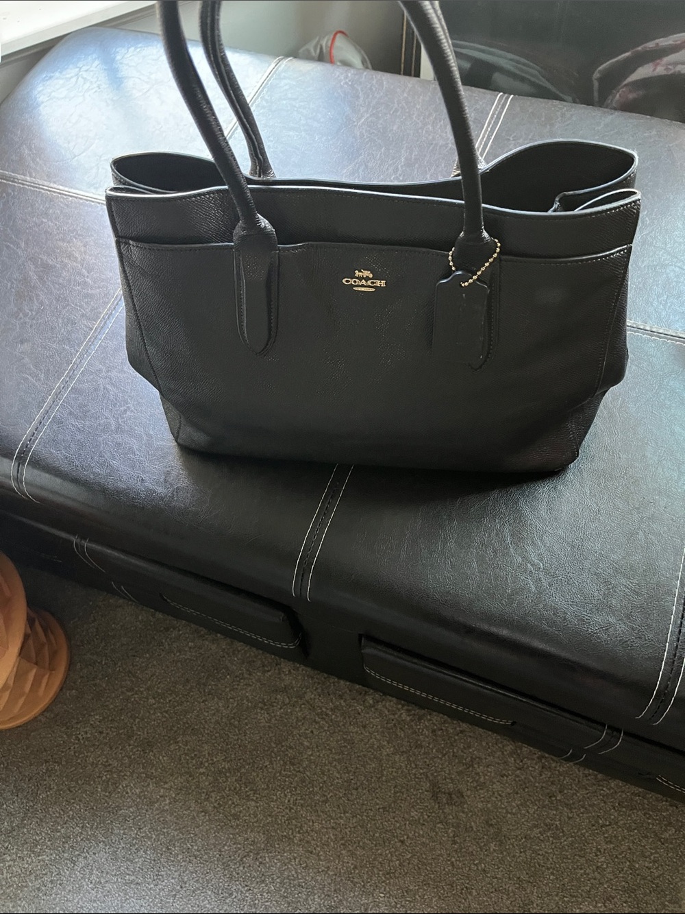 Coach Black Leather Tote with Gold Logo Charm